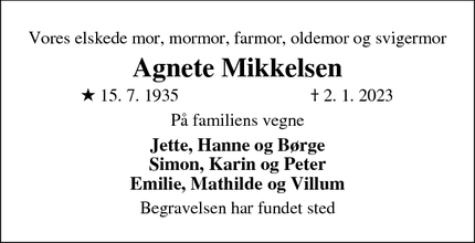 Dødsannoncen for Agnete Mikkelsen - Hørning