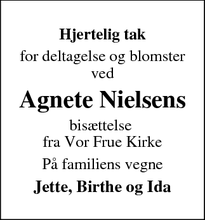 Dødsannoncen for Agnete Nielsens - Kalundborg