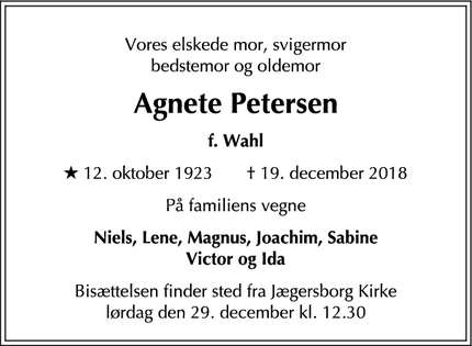 Dødsannoncen for Agnete Petersen - Havdrup