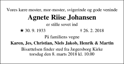 Dødsannoncen for Agnete Riise Johansen - Gentofte