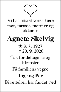 Dødsannoncen for Agnete Skelvig - Slagelse