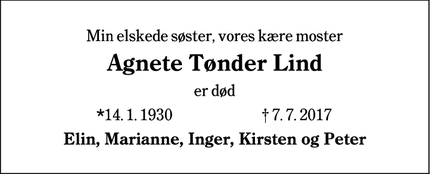 Dødsannoncen for Agnete Tønder Lind - Esbjerg