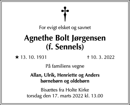 Dødsannoncen for Agnethe Bolt Jørgensen
(f. Sennels) - Virum