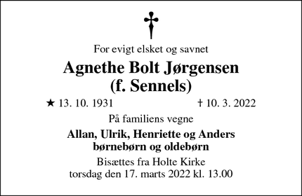 Dødsannoncen for Agnethe Bolt Jørgensen
(f. Sennels) - Virum