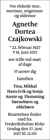 Dødsannoncen for Agnethe Dortea Czajkowski - København