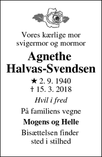 Dødsannoncen for Agnethe 
Halvas-Svendsen - Randers