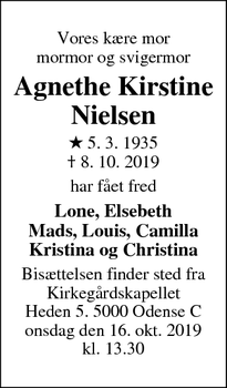 Dødsannoncen for Agnethe Kirstine Nielsen - odense