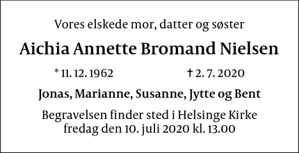 Dødsannoncen for Aichia Annette Bromand Nielsen - Kgs. Lyngby