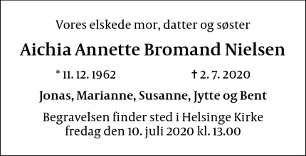 Dødsannoncen for Aichia Annette Bromand Nielsen - Kgs. Lyngby