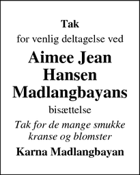 Taksigelsen for Aimee Jean Hansen Madlangbayans  - Middelfart