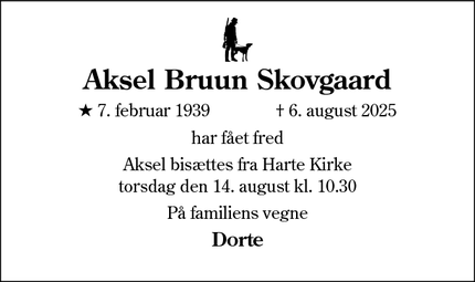 Dødsannoncen for Aksel Bruun Skovgaard - Ejstrup