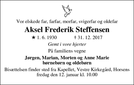 Dødsannoncen for Aksel Frederik Steffensen - Har boet mange steder, bisættelsen foreg