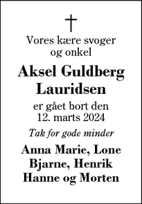 Dødsannoncen for Aksel Guldberg
Lauridsen - Herning