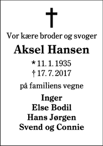 Dødsannoncen for Aksel Hansen - Obbekjær
