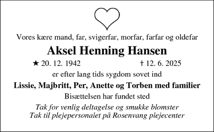 Dødsannoncen for Aksel Henning Hansen - Bogø By