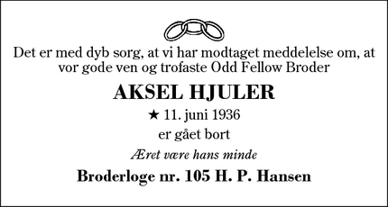 Dødsannoncen for AKSEL HJULER - Ikast