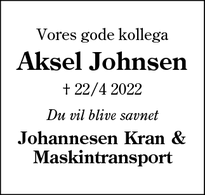 Dødsannoncen for Aksel Johnsen - Gørding