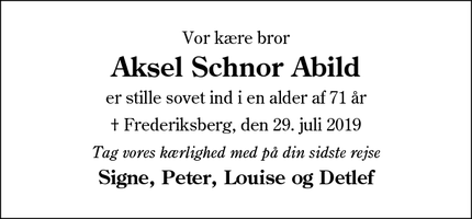 Dødsannoncen for Aksel Schnor Abild - Tinglev