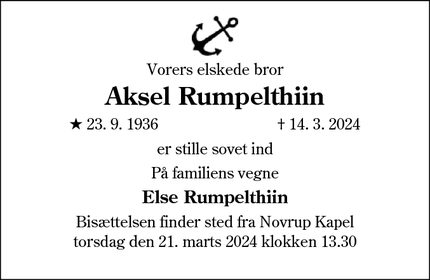 Dødsannoncen for Aksel Rumpelthiin - Skive