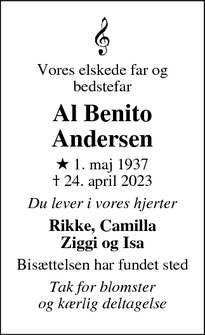 Dødsannoncen for Al Benito
Andersen - Køge