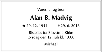 Dødsannoncen for Alan B. Madvig - Blovstrød