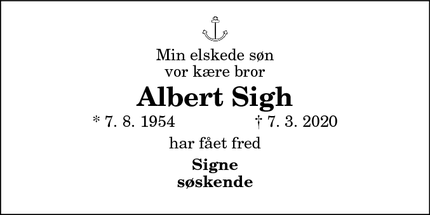 Dødsannoncen for Albert Sigh - Vestervig