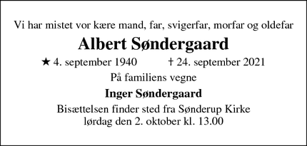 Dødsannoncen for Albert Søndergaard - Roslev