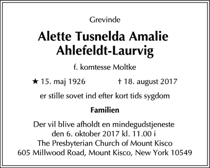 Dødsannoncen for Alette Tusnelda Amalie 
Ahlefeldt-Laurvig - Redding, Connecticut