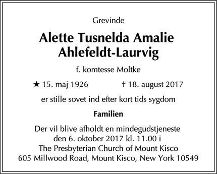 Dødsannoncen for Alette Tusnelda Amalie
Ahlefeldt-Laurvig - Redding, Connecticut