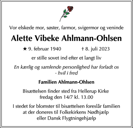 Dødsannoncen for Alette Vibeke Ahlmann-Ohlsen - Gentofte