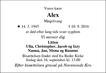 Dødsannoncen for Alex - Beder