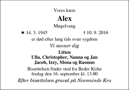 Dødsannoncen for Alex - Beder