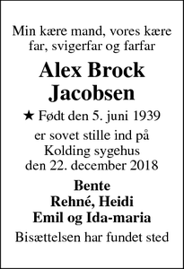 Dødsannoncen for Alex Brock Jacobsen - Fredericia