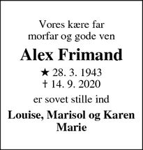 Dødsannoncen for Alex Frimand - Helsinge