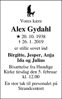 Dødsannoncen for Alex Gydahl - Greve Strand