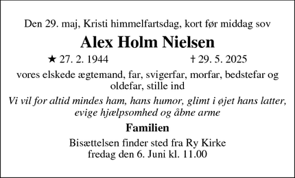 Dødsannoncen for Alex Holm Nielsen - Lystrup