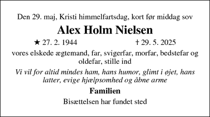 Dødsannoncen for Alex Holm Nielsen - Lystrup