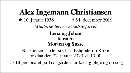 Dødsannoncen for Alex Ingemann Christiansen - Helsinge