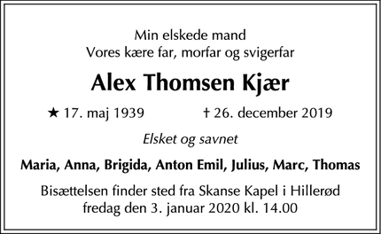 Dødsannoncen for Alex Thomsen Kjær - Birkerød