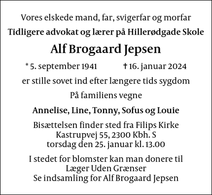 Dødsannoncen for Alf Brogaard Jepsen - København S