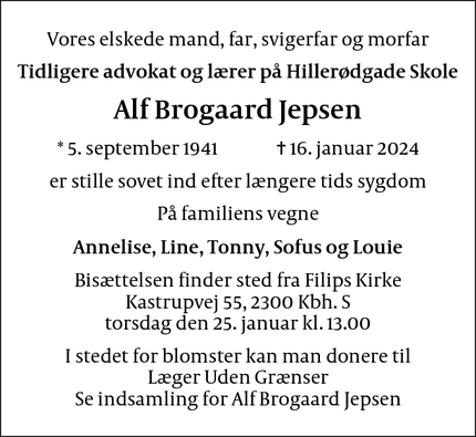 Dødsannoncen for Alf Brogaard Jepsen - København S