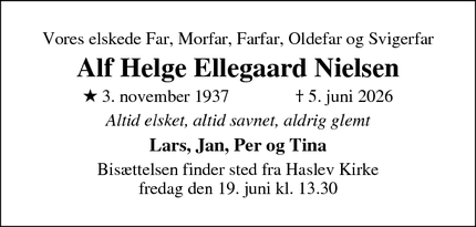 Dødsannoncen for Alf Helge Ellegaard Nielsen - Haslev