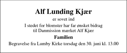 Dødsannoncen for Alf Lunding Kjær - Odense