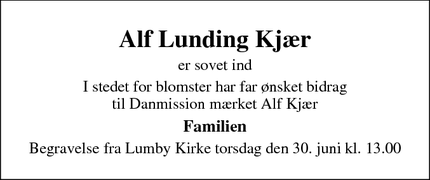 Dødsannoncen for Alf Lunding Kjær - Odense