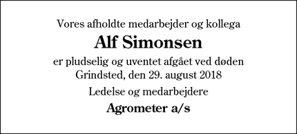 Dødsannoncen for Alf Simonsen - Grindsted