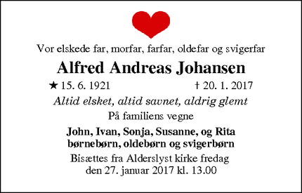 Dødsannoncen for Alfred Andreas Johansen - Silkeborg