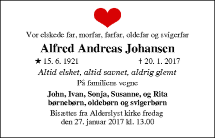 Dødsannoncen for Alfred Andreas Johansen - Silkeborg