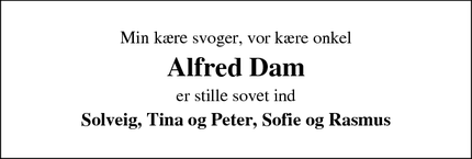 Dødsannoncen for Alfred Dam - Holslev