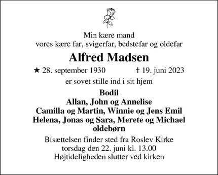 Dødsannoncen for Alfred Madsen - Roslev
