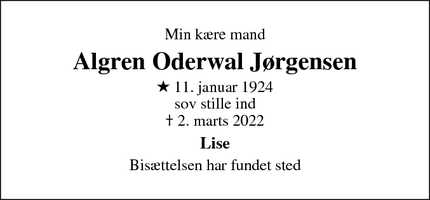 Dødsannoncen for Algren Oderwal Jørgensen - Hillerød